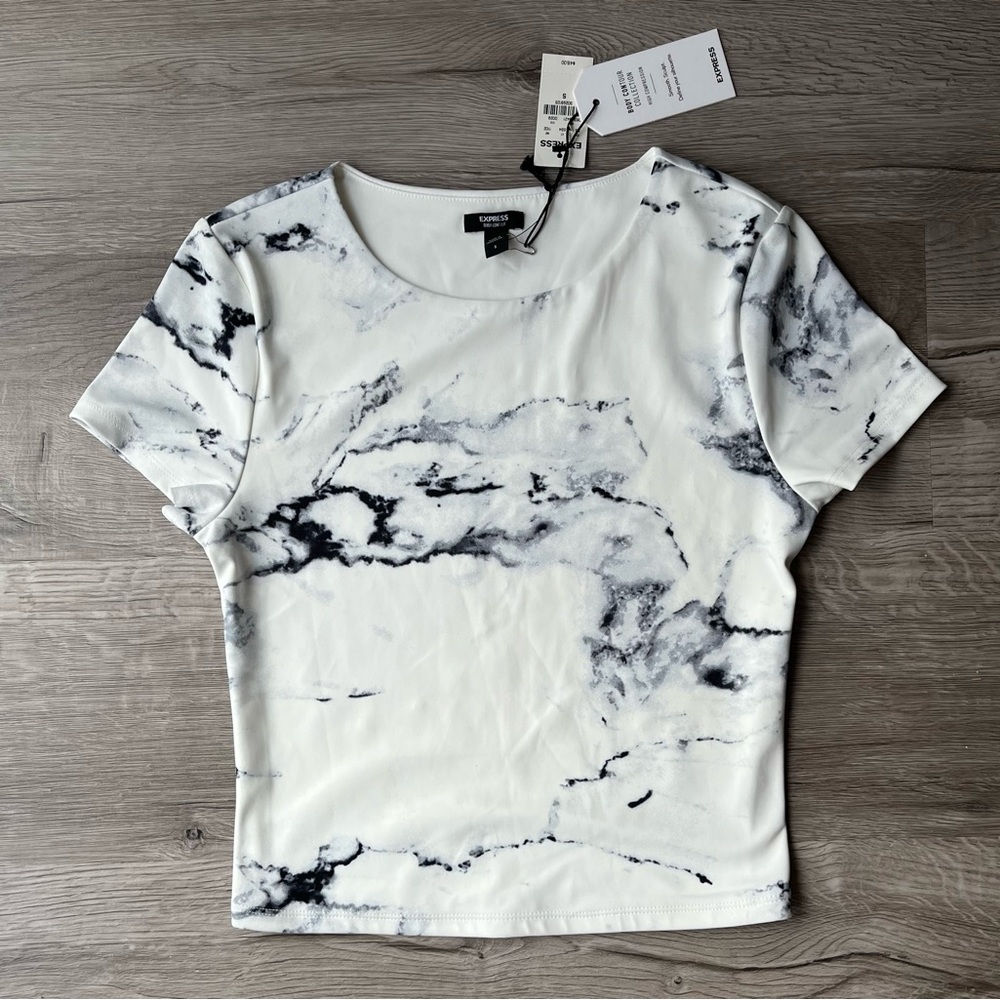 Express White Marble-Print Short Sleeve Top